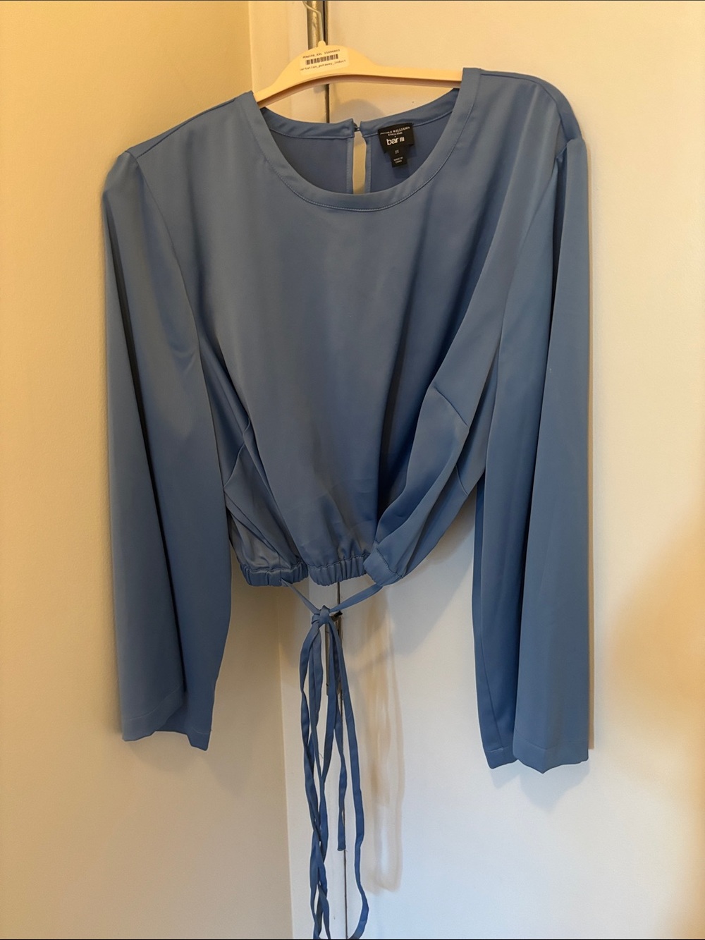 Bar III Blue Long Sleeve Tie-Waist Crop Blouse